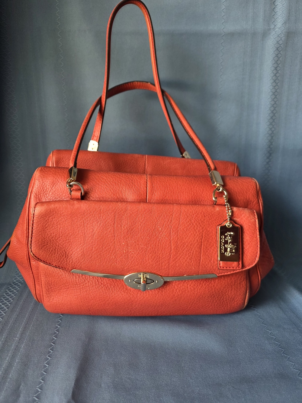 Coach Madison Madeline East/West Satchel 25166  Coral Pebbled Leather Gold Hardw